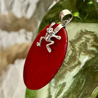 PD 13620 CR-(925 BALI SILVER FROG PENDANT WITH RED CORAL)